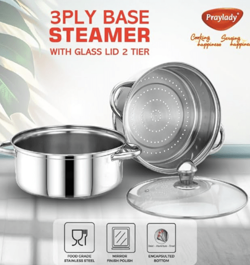 PrayLady Stainless steel 3 Ply Base Cookware Steamer Multi-Purposes Steamer Capacity - 2.0 Litre (2 Tier) (2 TIER STEAMER - 20 CM), Silver - Image 5